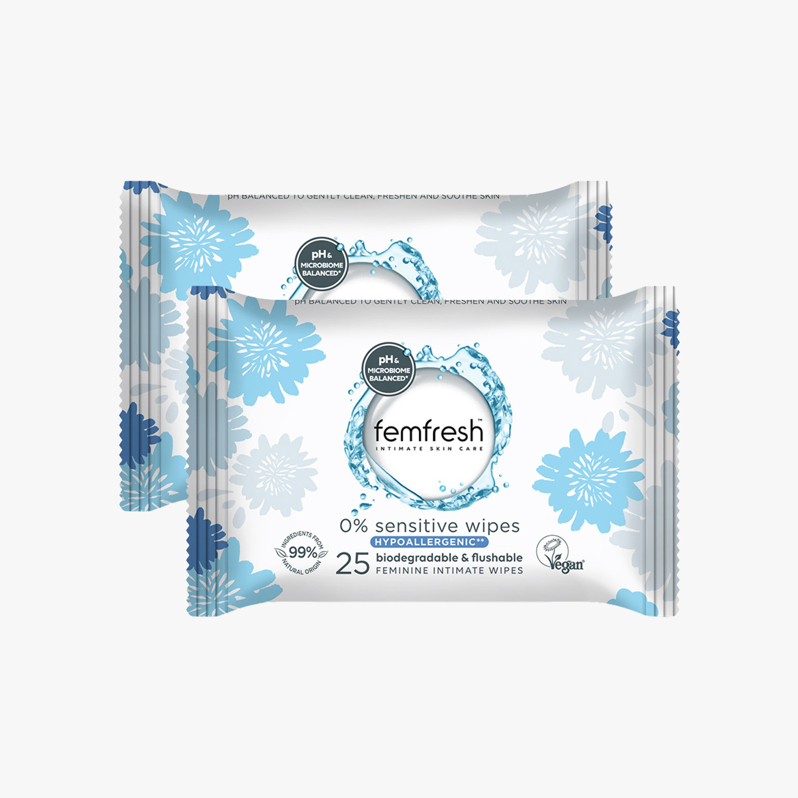 Femfresh Sensitive 0% Biodegradable Wipes - 25 Packs × 2